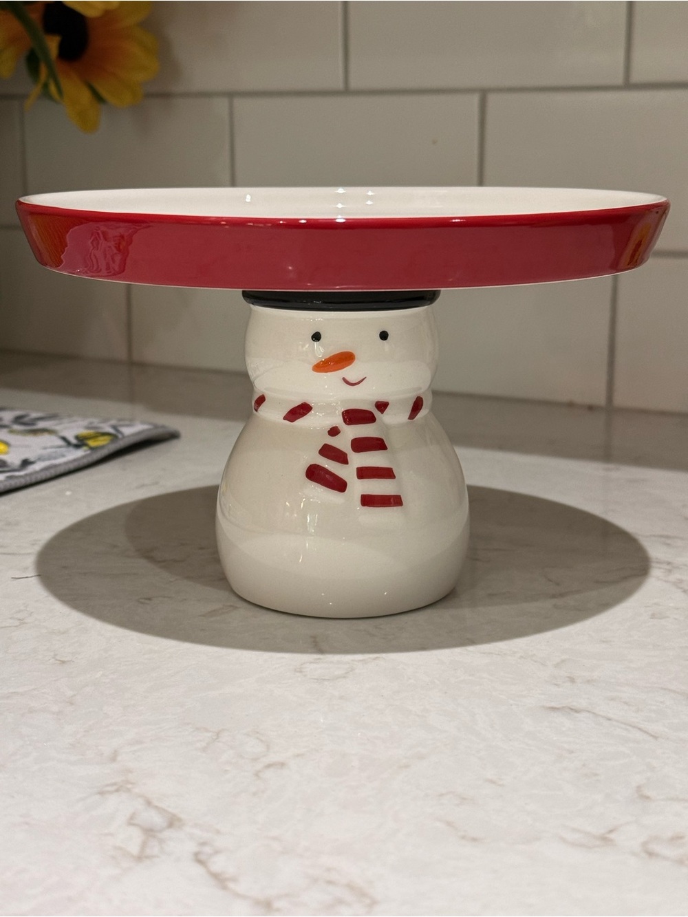 Snowman Ceramic Pedestal Cake Plate with Red Rim